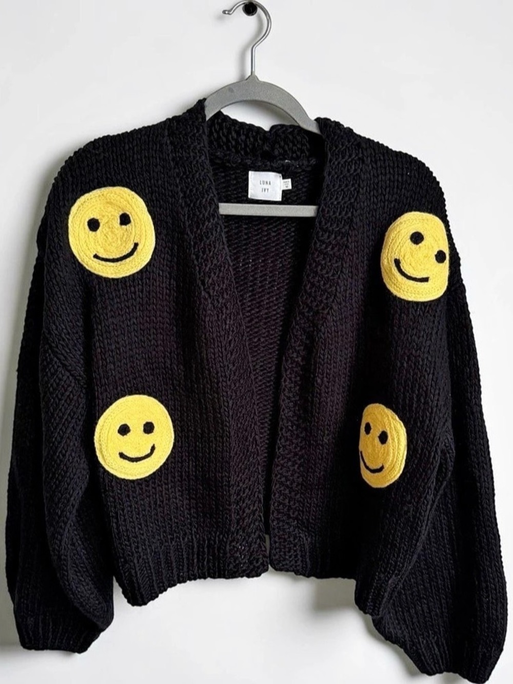 LUNA IVY Smiley Face Cardigan in Black Size Medium Like New